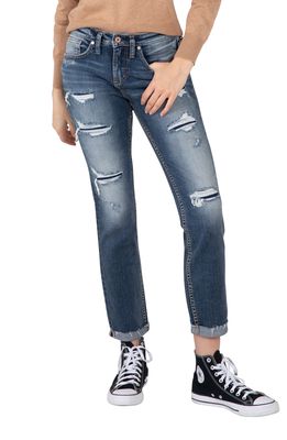 Silver Jeans Co. Beau Ripped High Waist Cuff Girlfriend Fit Jeans in Indigo
