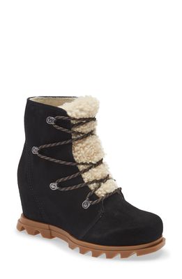 SOREL Joan of Arctic III Genuine Shearling Trim Waterproof Wedge Boot in Black Sea Salt