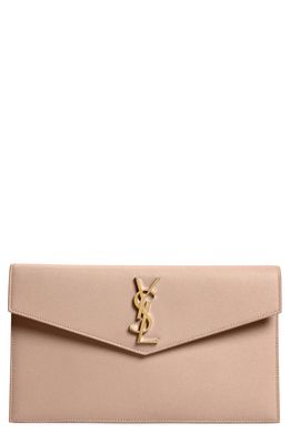 Saint Laurent Uptown Calfskin Leather Envelope Clutch in Dark Beige