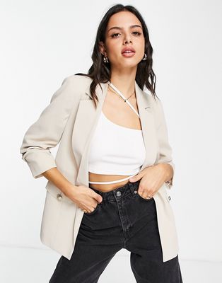 River Island ruched sleeve blazer in beige-Neutral