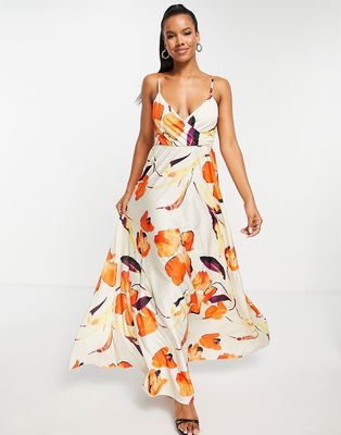 ASOS DESIGN cami plunge tie back maxi dress in floral print-Multi