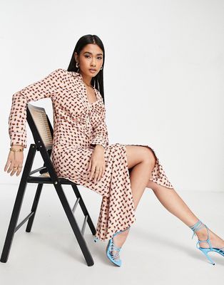 River Island 70's geo print ruched midi shirt dress in beige-Blue