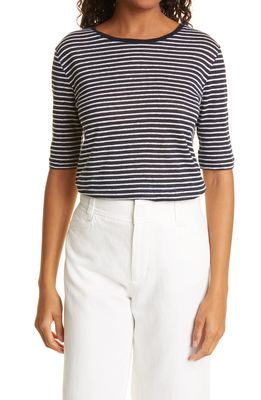 Vince Stripe Elbow Sleeve Linen Top in Coastal/Optic White