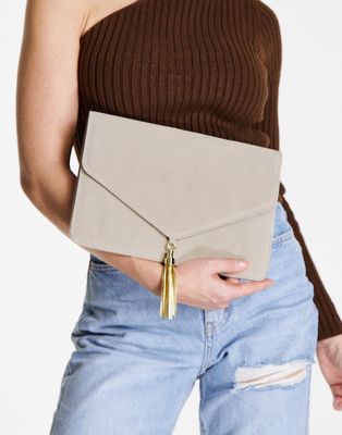 ASOS DESIGN tassel clutch bag in cream-Neutral