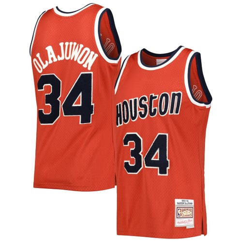 Men's Mitchell & Ness Hakeem Olajuwon Red Houston Rockets Hardwood Classics Off-Court Swingman Jersey
