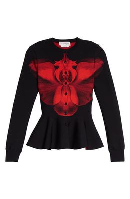 Alexander McQueen Orchid Peplum Cardigan in 1023 Black/Red