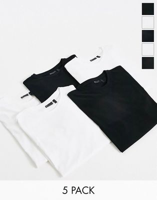 ASOS DESIGN 5 pack t-shirt with crew neck in black & white-Multi