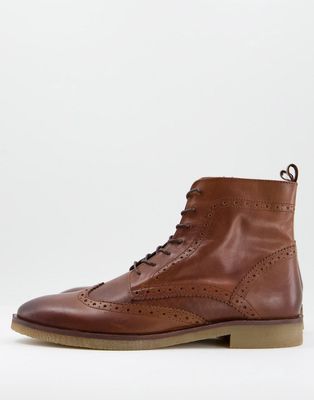 ASOS DESIGN brogue boots in tan leather with natural sole-Brown