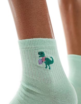 ASOS DESIGN Christmas embroidery T-rex ankle socks in green-Multi