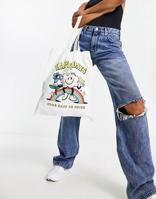ASOS DESIGN cotton tote bag with happy days print in natural-Neutral