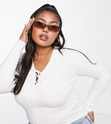 ASOS DESIGN Curve knitted top with lace up detail in cream-White