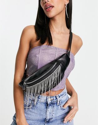ASOS DESIGN diamante tassle fanny pack in black
