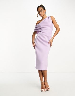 ASOS DESIGN fallen shoulder pleat back midi scuba dress in lilac-Purple