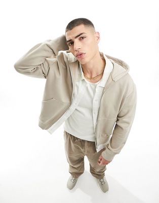 ASOS DESIGN heavyweight oversized zip through hoodie in beige-Neutral