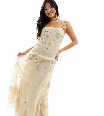 ASOS DESIGN Petite Bridesmaid cami embellished maxi dress with embroidery in champagne-White