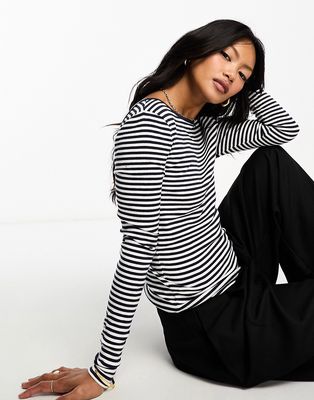ASOS DESIGN scoop back long sleeve top in navy stripe-Multi