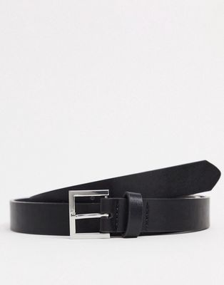 ASOS DESIGN smart faux leather skinny belt with silver buckle in black