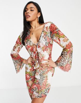 ASOS DESIGN tie front flute sleeve mini dress in animal floral print-Multi