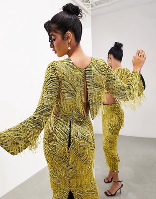 ASOS EDITION beaded fringe and pearl split back top in black and yellow-Multi