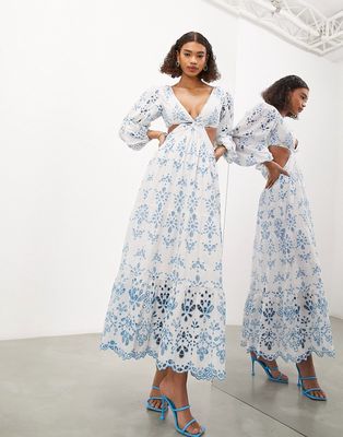 ASOS EDITION broderie cut out detail long sleeve midi dress in blue floral print-Multi