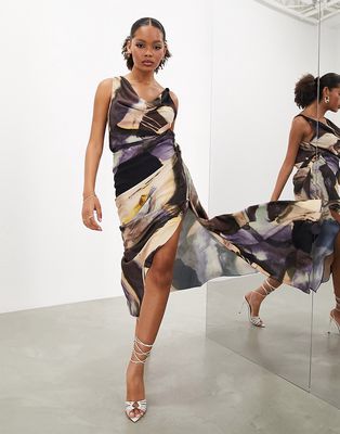 ASOS EDITION cowl neck drape detail maxi dress in brown abstract print-Multi