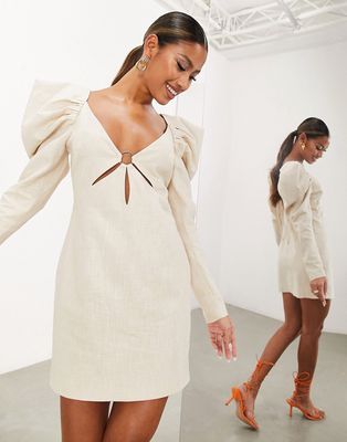 ASOS EDITION cut out ring detail volume shoulder mini dress in stone-Neutral