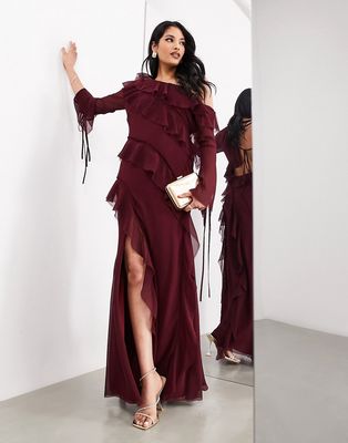 ASOS EDITION off-shoulder asymmetric ruffle detail maxi dress in burgundy-Red