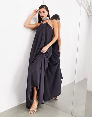 ASOS EDITION rope diamante neck detail satin halter maxi dress in charcoal-Black