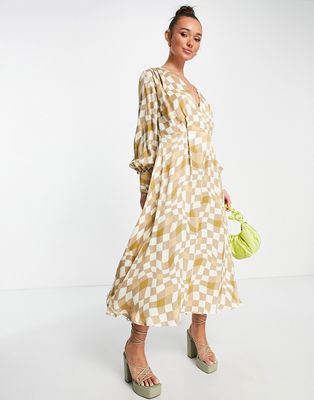 ASOS EDITION satin wrap front maxi dress in checkerboard print-Neutral