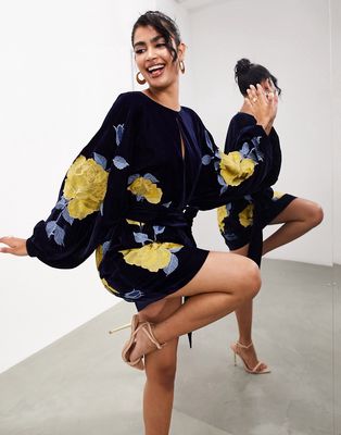ASOS EDITION velvet blouson mini wrap dress with floral embroidery in navy