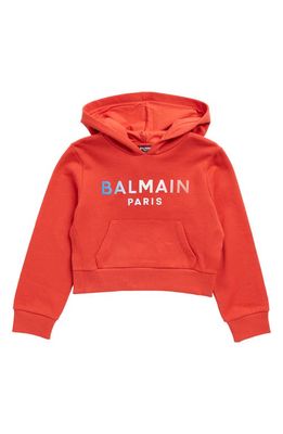 Balmain Kids' Gradient Logo Graphic Crop Hoodie in 414 Red