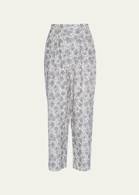 Batiste Pleated Floral-Print Cropped Trousers