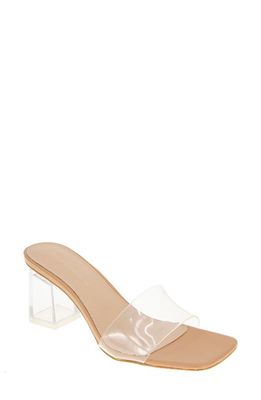 bcbg Luckee Block Heel Slide Sandal in Tan Clear