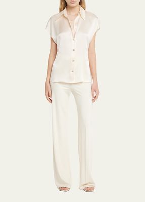 Cap-Sleeve Ruched-Back Silk Blouse