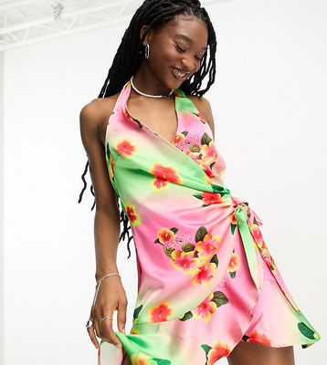 COLLUSION floral print wrap halter mini dress in multi