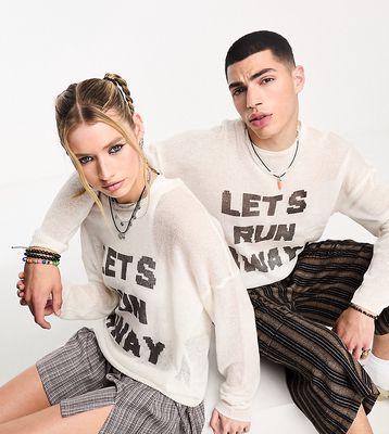 COLLUSION Unisex skate slogan fine knit sweater in white