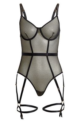 Coquette Shimmery Underwire Fishnet Teddy with Garter Straps in Black