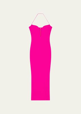 Deep V Halter-Neck Wool Body-Con Midi Dress