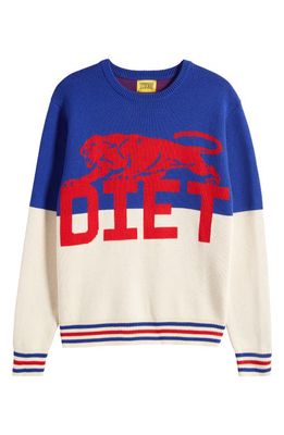 DIET STARTS MONDAY Colorblock Panther Jacquard Sweater in Blue/Cream/Red