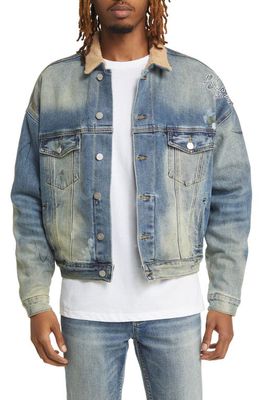 DIET STARTS MONDAY Logo Back Denim Trucker Jacket in Washed Indigo
