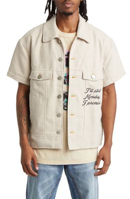 DIET STARTS MONDAY Trucker Short Sleeve Button-Up Utility Shirt in Beige