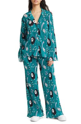 Dressed in Lala Notched Collar Plissé Top & High Waist Pants Set in Make A Wish Jade