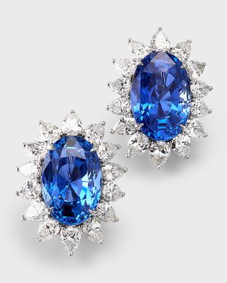 Estate Platinum Oval Ceylon No Heat Sapphire and Diamond Earrings