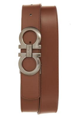 FERRAGAMO Double Gancio Reversible Leather Belt in Big Sur Soil Cocoa Brown