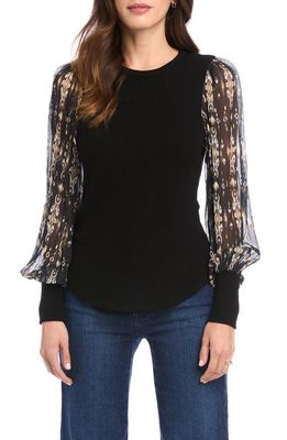 FIFTEEN TWENTY Sheer Long Sleeve Ribbed Top in Black