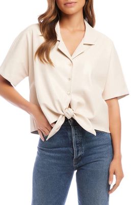 FIFTEEN TWENTY Tie Front Short Sleeve Faux Leather Shirt in Ecru