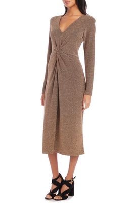 FIFTEEN TWENTY Twist Front Long Sleeve Metallic Midi Dress in Copper