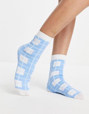 Gipsy check print ankle socks in baby blue