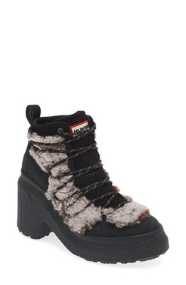 Hunter Explorer Faux Fur Trimmed Lace-Up Bootie in Black/Natural