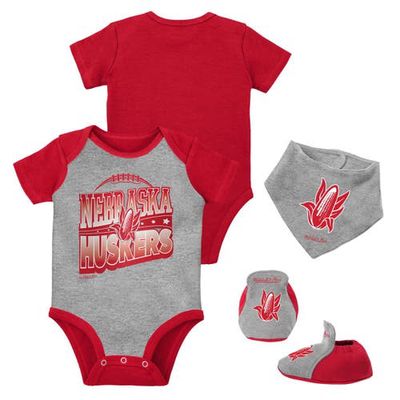 Infant Mitchell & Ness Scarlet/Heather Gray Nebraska Huskers 3-Pack Bodysuit